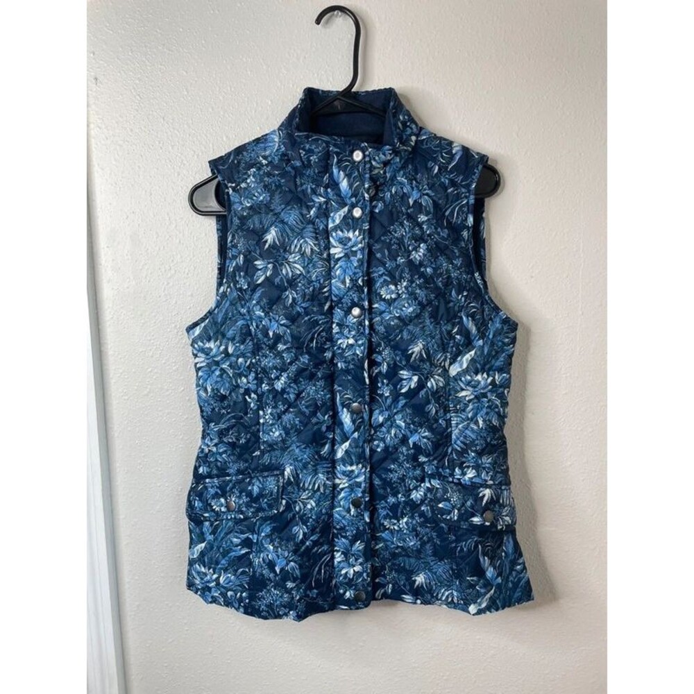 Talbots Women’s XS Blue Floral Quilted Fleece Lined Vest Snap Front
